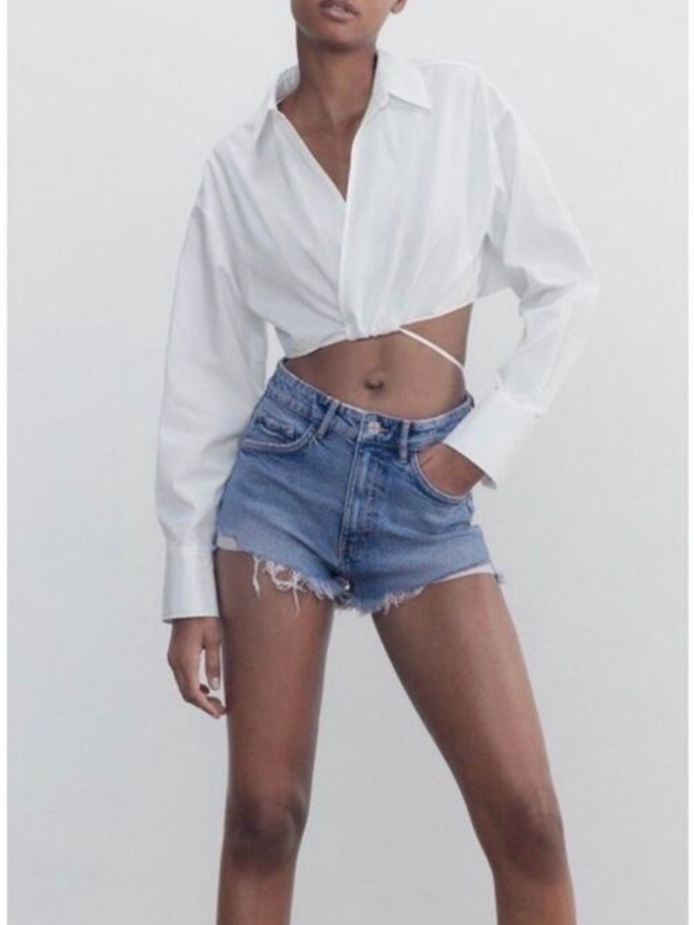 Zara Light Blue Distressed High-Waist Denim Shorts